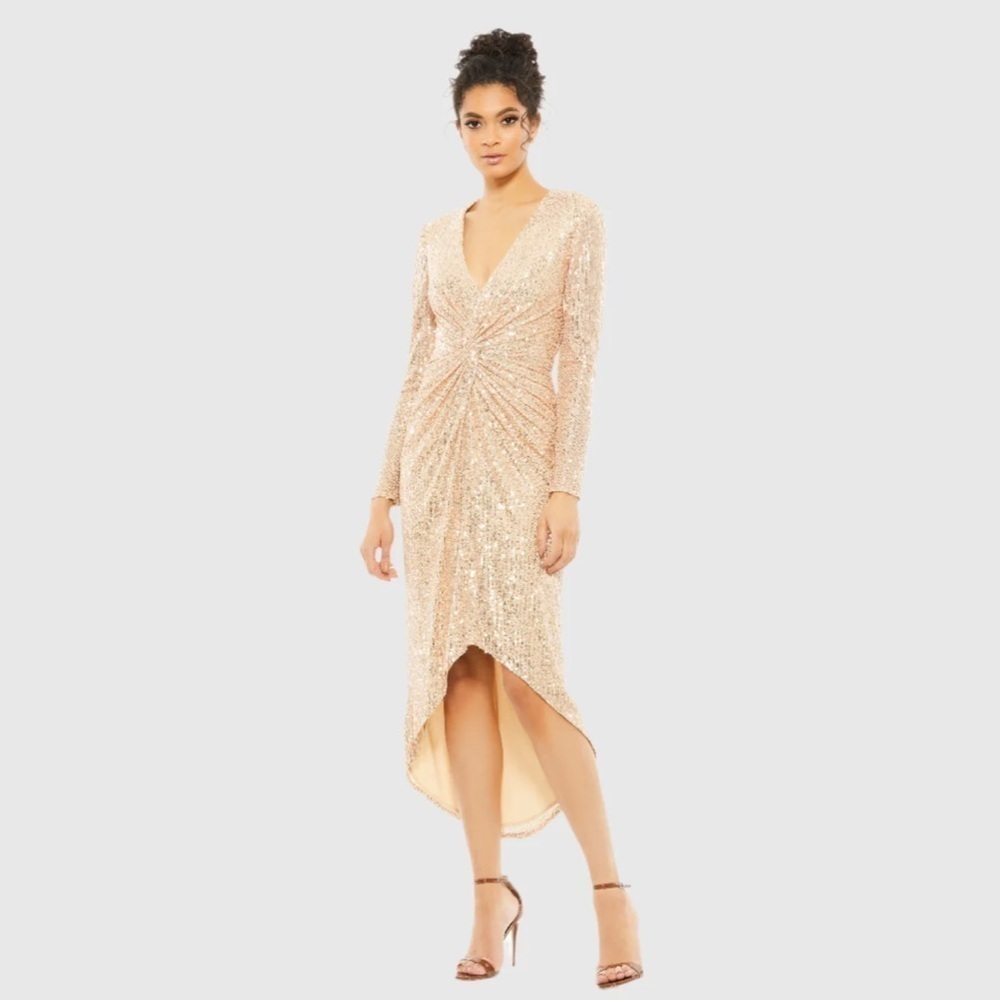 Mac Duggal 26549 NWT SEQUINED HI-LO FRONT TWIST MIDI DRESS